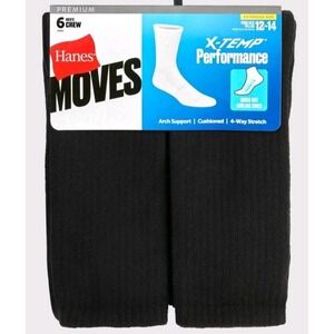 Hanes Moves Premium Socks Size 12-14  X-Temp Performance Black Crew Socks 6 Pair